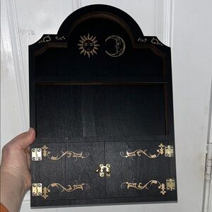 Black Wooden Wall shelf with Sun and Moon Design